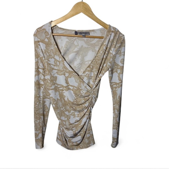 Jennifer Lopez Tops - Jennifer Lopez XS Beige Marble Print Ruched Wrap Top Long Sleeve